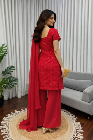 Trendy Embroidered Top & Boot-Cut Pant Dupatta Set for Women