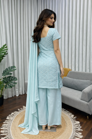 Trendy Embroidered Top & Boot-Cut Pant Dupatta Set for Women