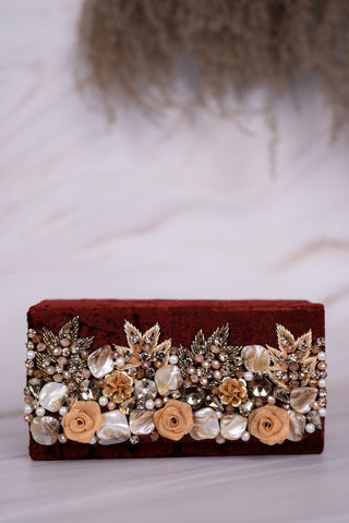 Flower Embroidery Dark Maroon Clutch