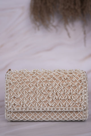 Bead Embroidery Beige Clutch