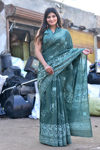 Green printed Cotton Saree