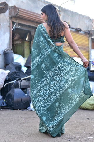 Green printed Cotton Saree