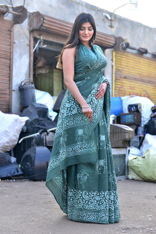 Green printed Cotton Saree