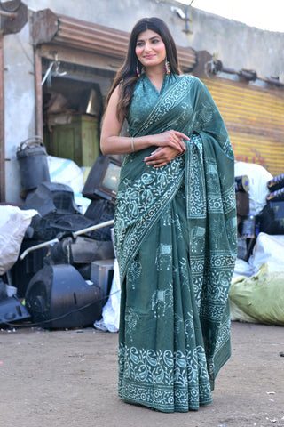 Green printed Cotton Saree