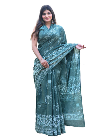 Green printed Cotton Saree