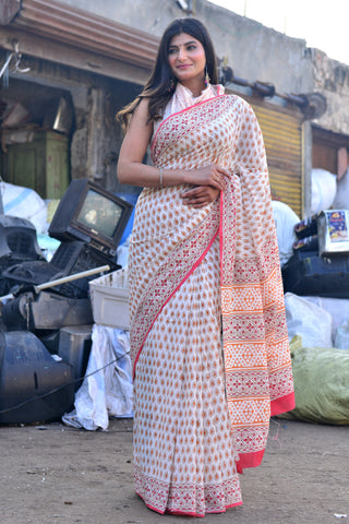 Red and Beige Ethnic Pattern Cotton Saree