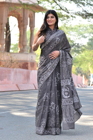 Grey Cotton Printed Saree