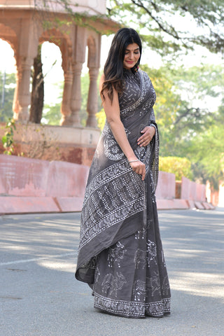 Grey Cotton Printed Saree