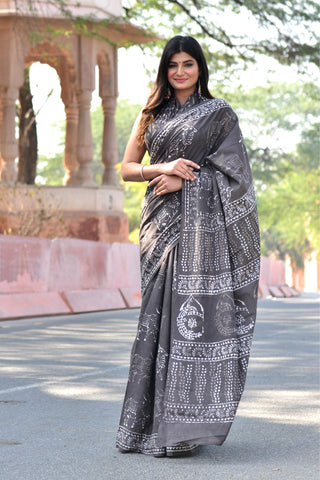 Grey Cotton Printed Saree