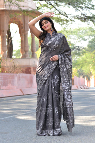 Grey Cotton Printed Saree