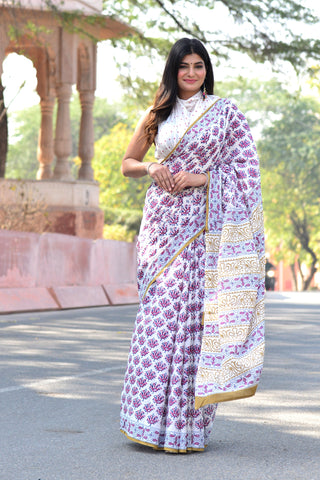 White floral Printed  Cotton Saree