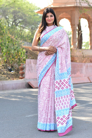 Red Block Printed Cotton Saree