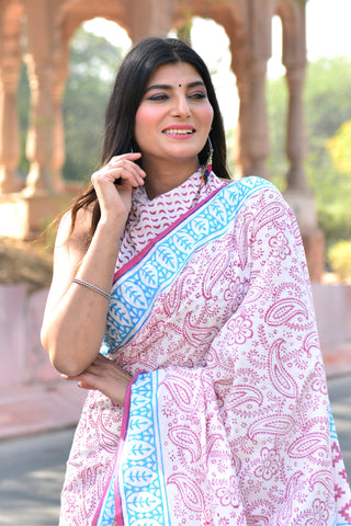 Red Block Printed Cotton Saree