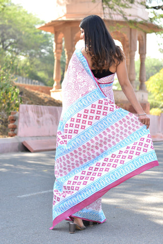 Red Block Printed Cotton Saree