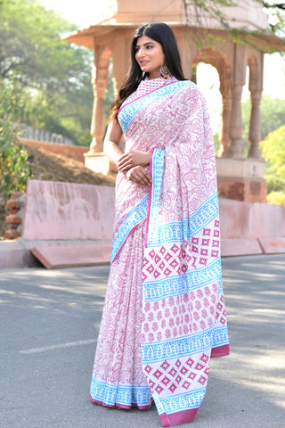 Red Block Printed Cotton Saree