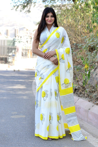 White on Yellow Printed  Cotton Saree