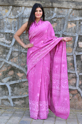 Pink Floral Printed Cotton Saree