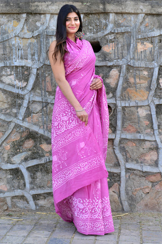 Pink Floral Printed Cotton Saree