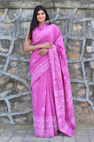 Pink Floral Printed Cotton Saree