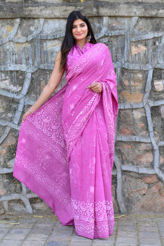 Pink Floral Printed Cotton Saree