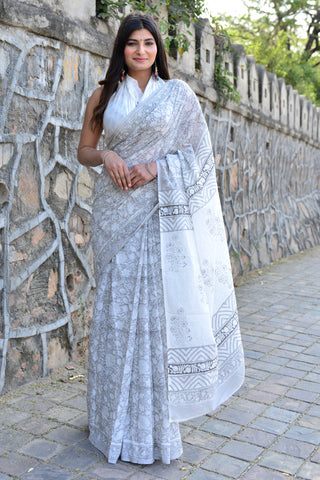 White Flower Printed Cotton Saree