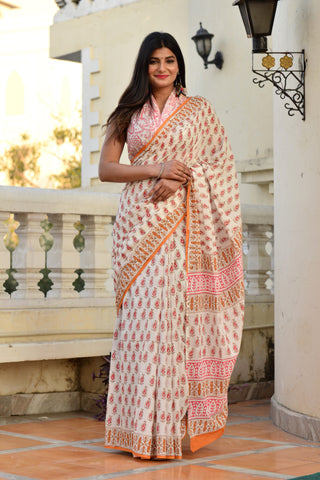 Beige Block Printed Cotton Saree