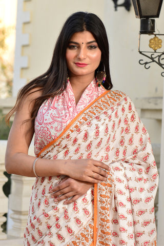 Beige Block Printed Cotton Saree