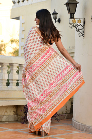 Beige Block Printed Cotton Saree