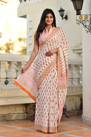 Beige Block Printed Cotton Saree