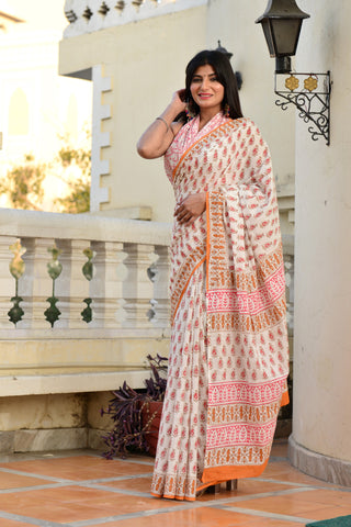 Beige Block Printed Cotton Saree