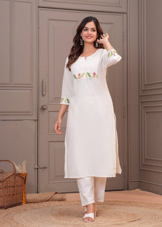 Off White Embroidered Cotton Kurta and Pant Set