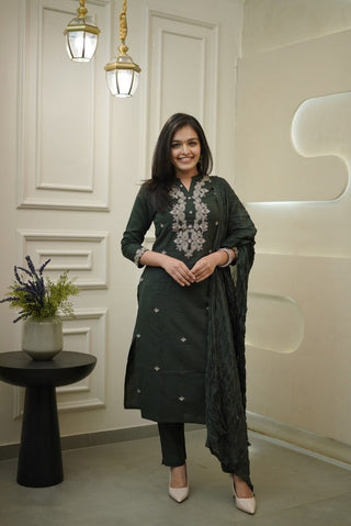 Embroidered Cotton Suit Set with Dupatta