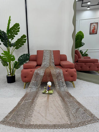 Brown Sequined Saree With Lace Trim