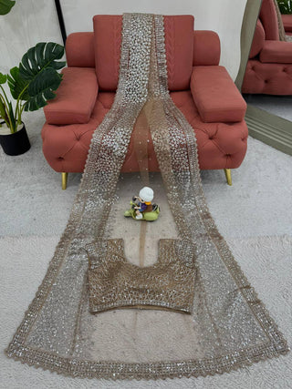 Brown Sequined Saree With Lace Trim