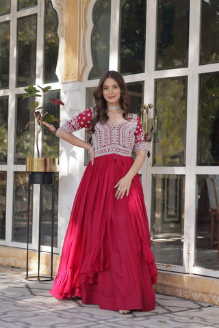 Crimson Embroidered Ruffled Maxi Dress