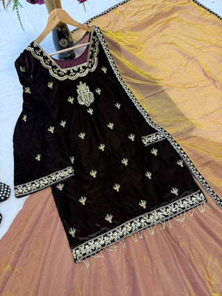 Designer Party Wear Top, Lehenga Palazzo, and Dupatta Set