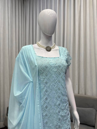 Trendy Embroidered Top & Boot-Cut Pant Dupatta Set for Women