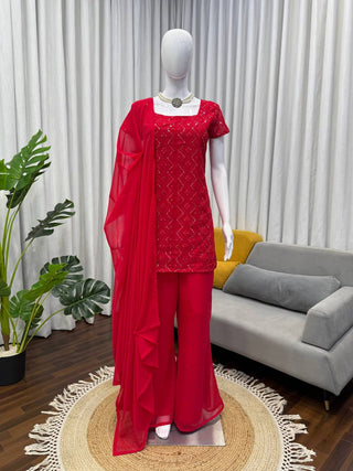 Trendy Embroidered Top & Boot-Cut Pant Dupatta Set for Women