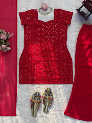 Trendy Embroidered Top & Boot-Cut Pant Dupatta Set for Women