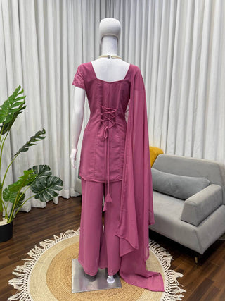 Trendy Embroidered Top & Boot-Cut Pant Dupatta Set for Women