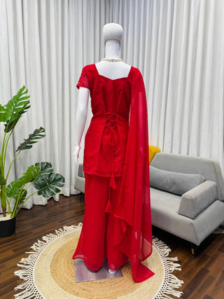 Trendy Embroidered Top & Boot-Cut Pant Dupatta Set for Women