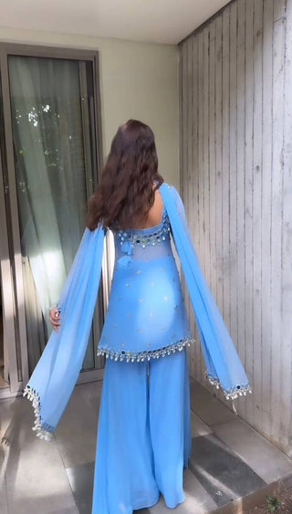 Luxury Mirror & Kodi Lace Embroidered Faux Georgette Top Plazzo Set